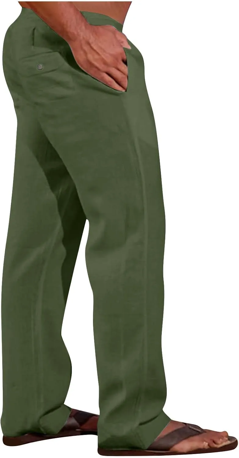 Sweatpants for Men 2024 Trendy Cotton Linen Casual Pants Straight Wide Leg Sweatpants Elastic Waist Drawstring Trouser