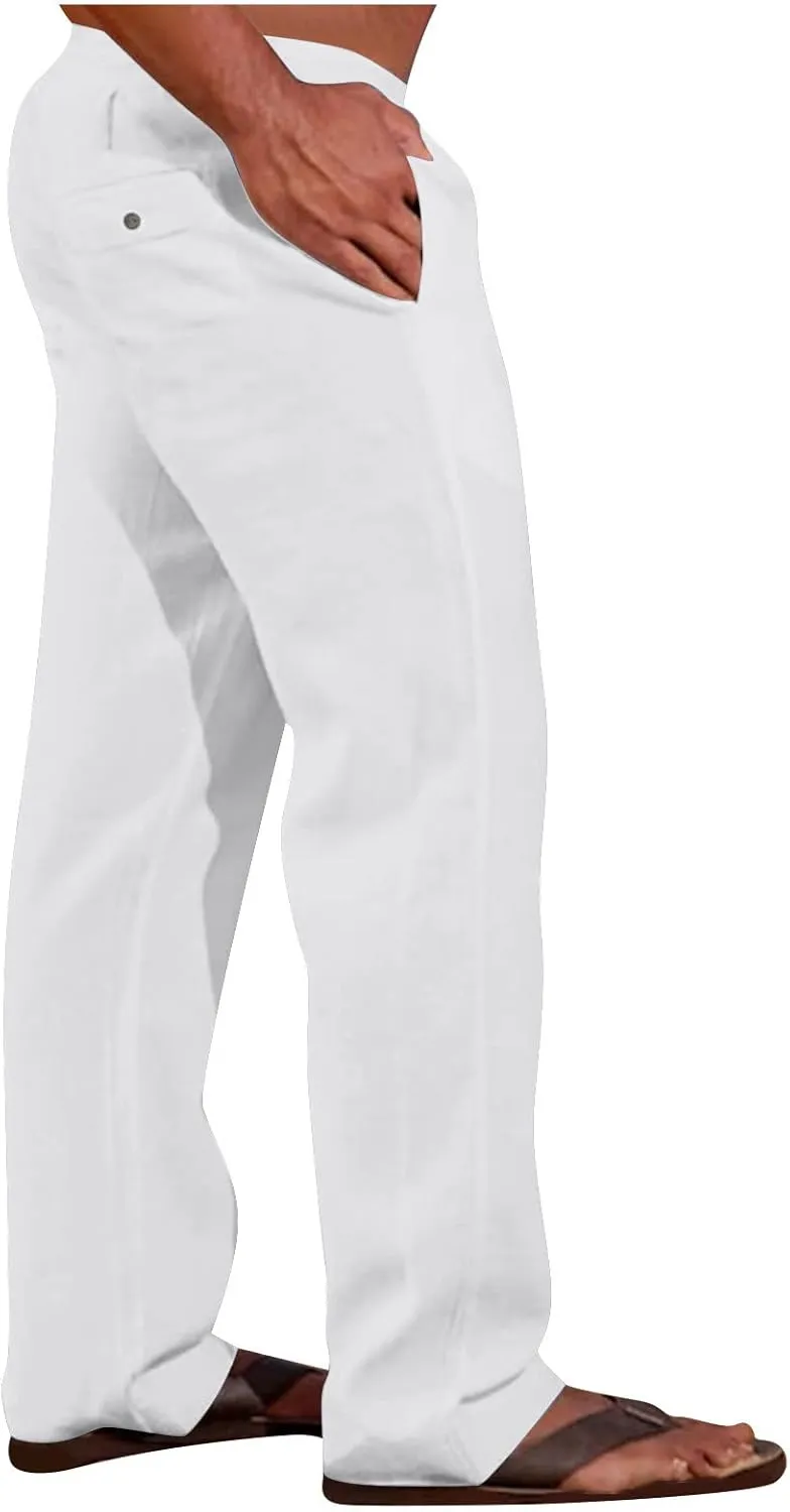 Sweatpants for Men 2024 Trendy Cotton Linen Casual Pants Straight Wide Leg Sweatpants Elastic Waist Drawstring Trouser