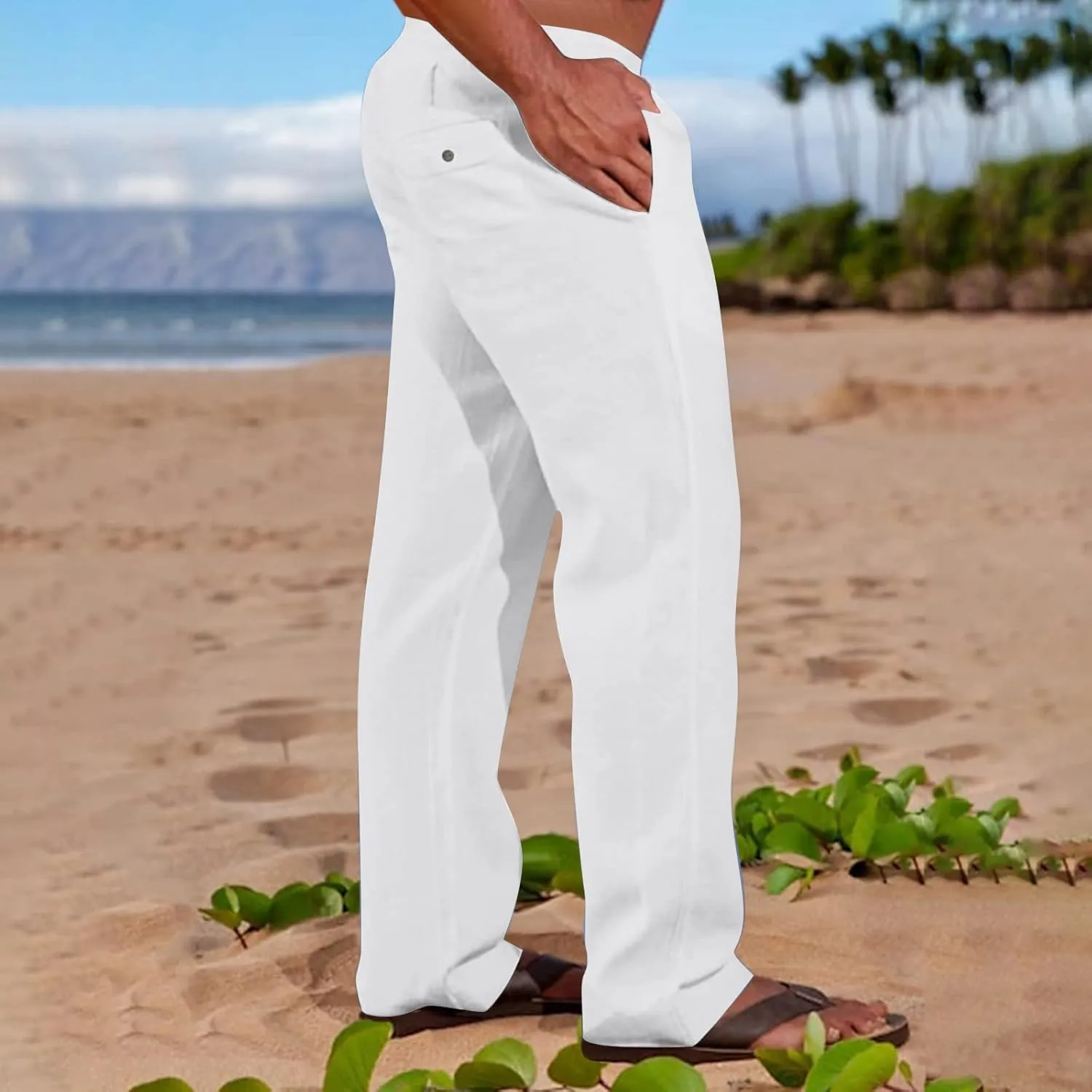 Sweatpants for Men 2024 Trendy Cotton Linen Casual Pants Straight Wide Leg Sweatpants Elastic Waist Drawstring Trouser