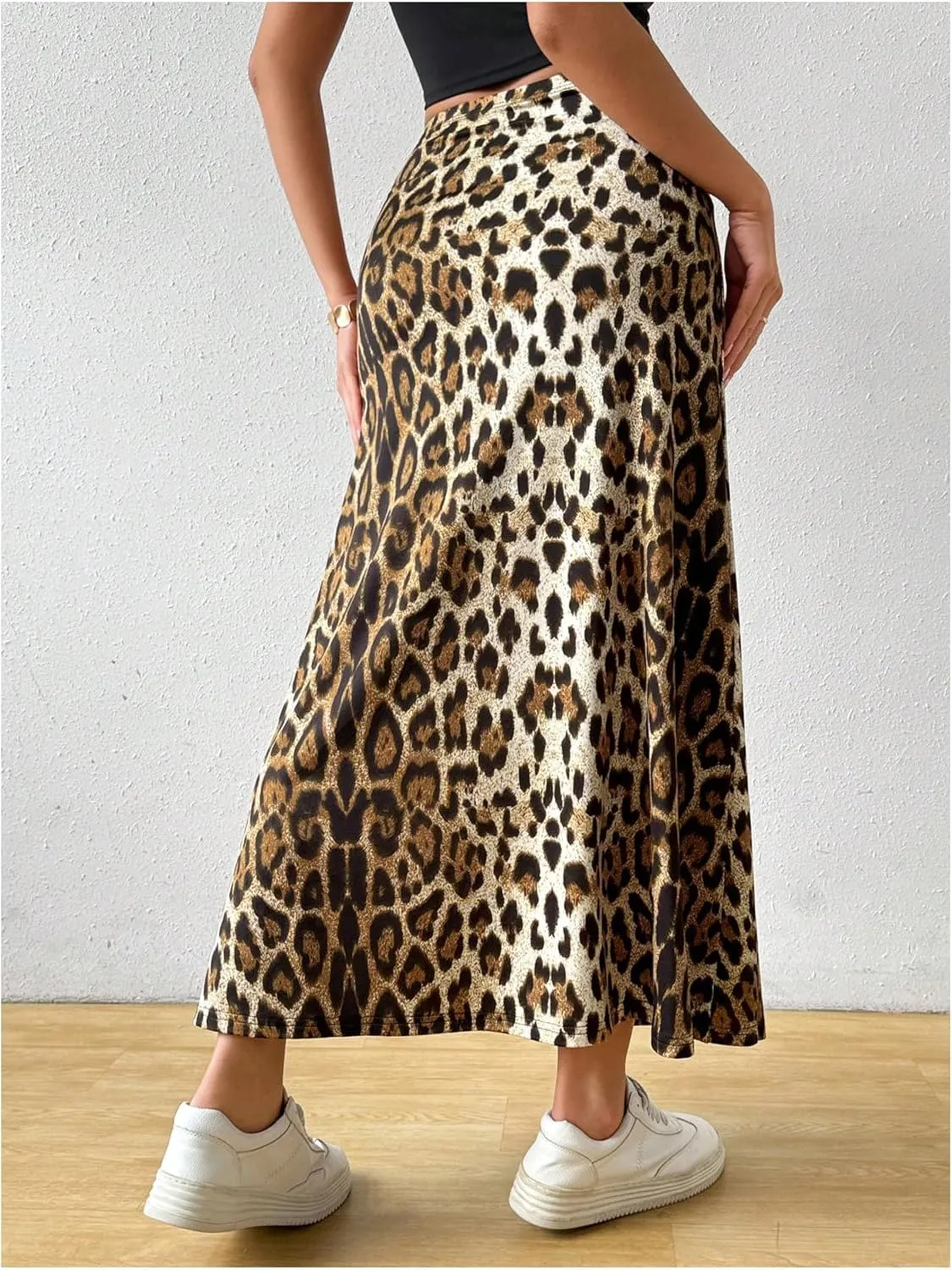 SweatyRocks Women's Casual Leopard Print Ruched A Line Maxi Skirt High Waist Long Skirts