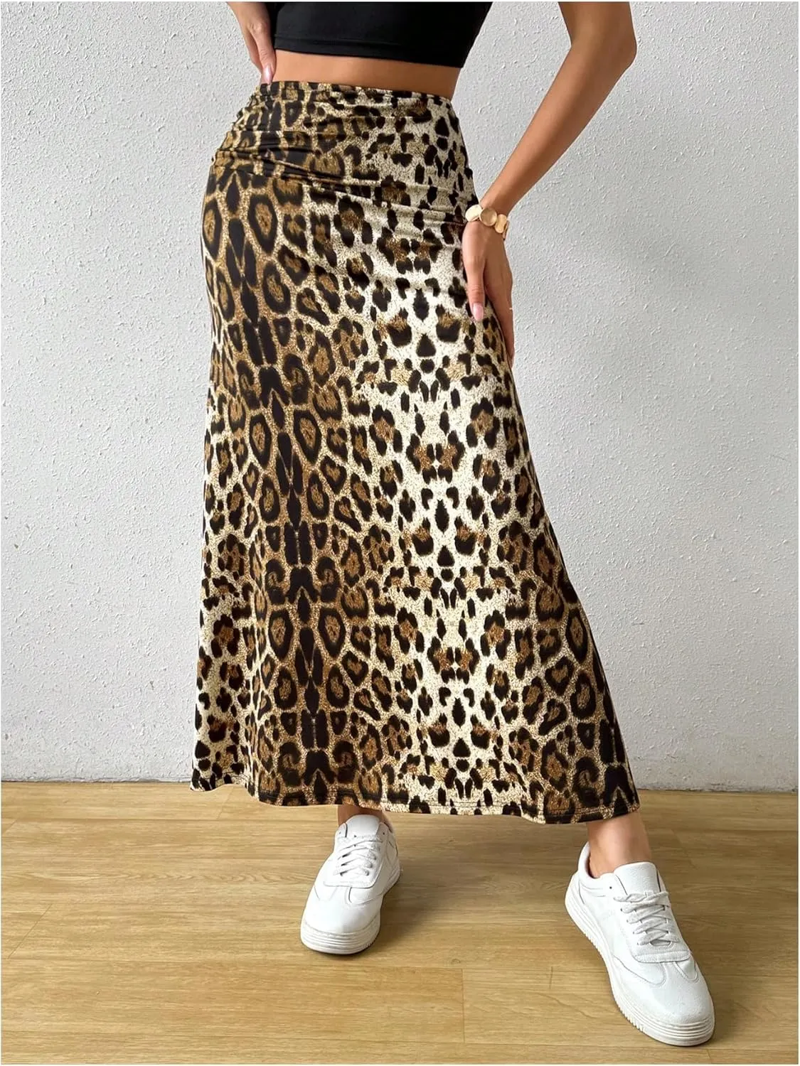SweatyRocks Women's Casual Leopard Print Ruched A Line Maxi Skirt High Waist Long Skirts