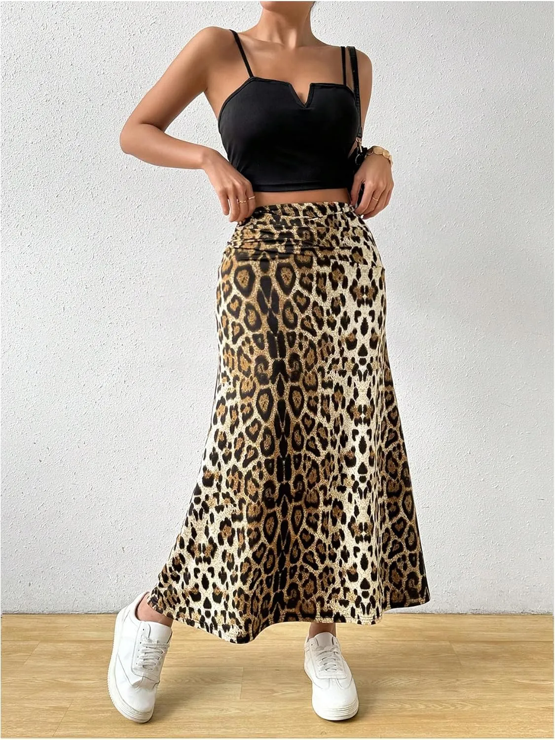 SweatyRocks Women's Casual Leopard Print Ruched A Line Maxi Skirt High Waist Long Skirts