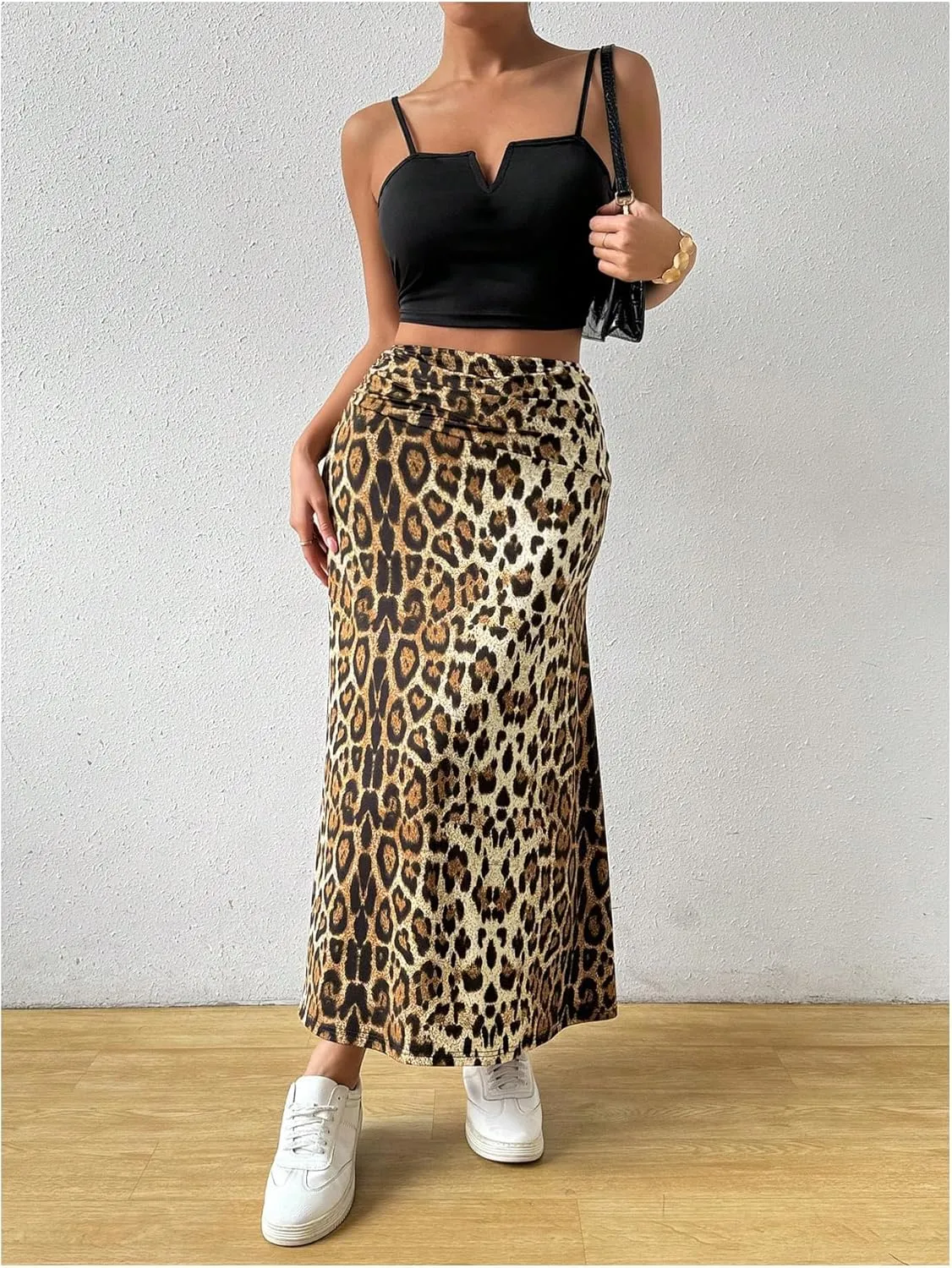 SweatyRocks Women's Casual Leopard Print Ruched A Line Maxi Skirt High Waist Long Skirts