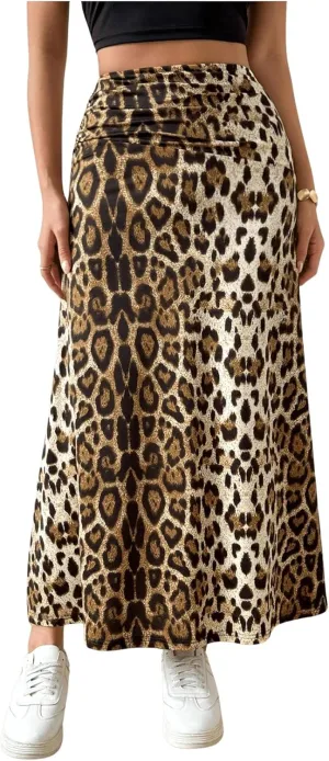 SweatyRocks Women's Casual Leopard Print Ruched A Line Maxi Skirt High Waist Long Skirts