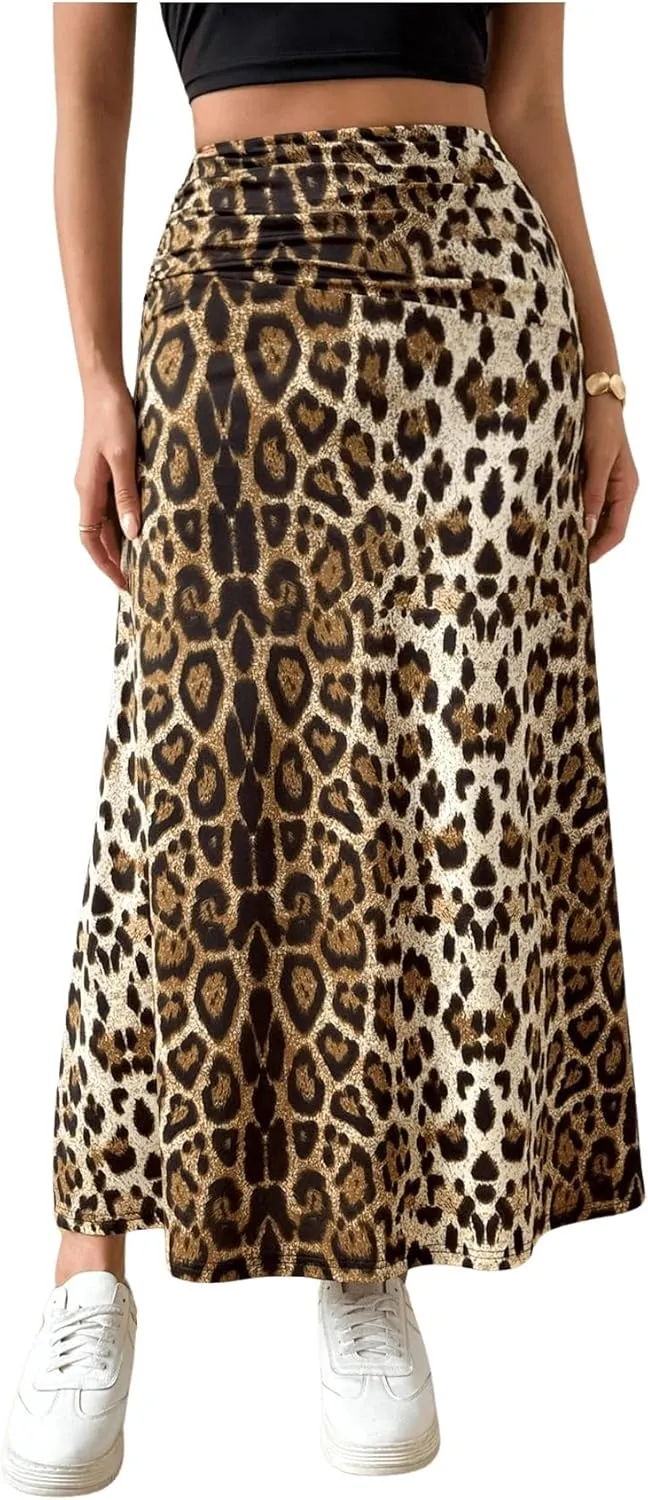 SweatyRocks Women's Casual Leopard Print Ruched A Line Maxi Skirt High Waist Long Skirts