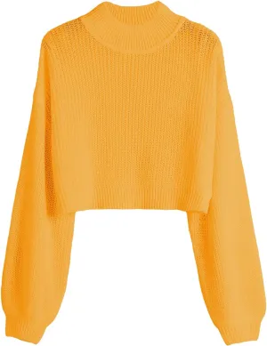 SweatyRocks Women's Long Sleeve Mock Neck Cropped Sweater Drop Shoulder Pullover Sweater Lantern Sleeve Ribbed Knit Crop Top