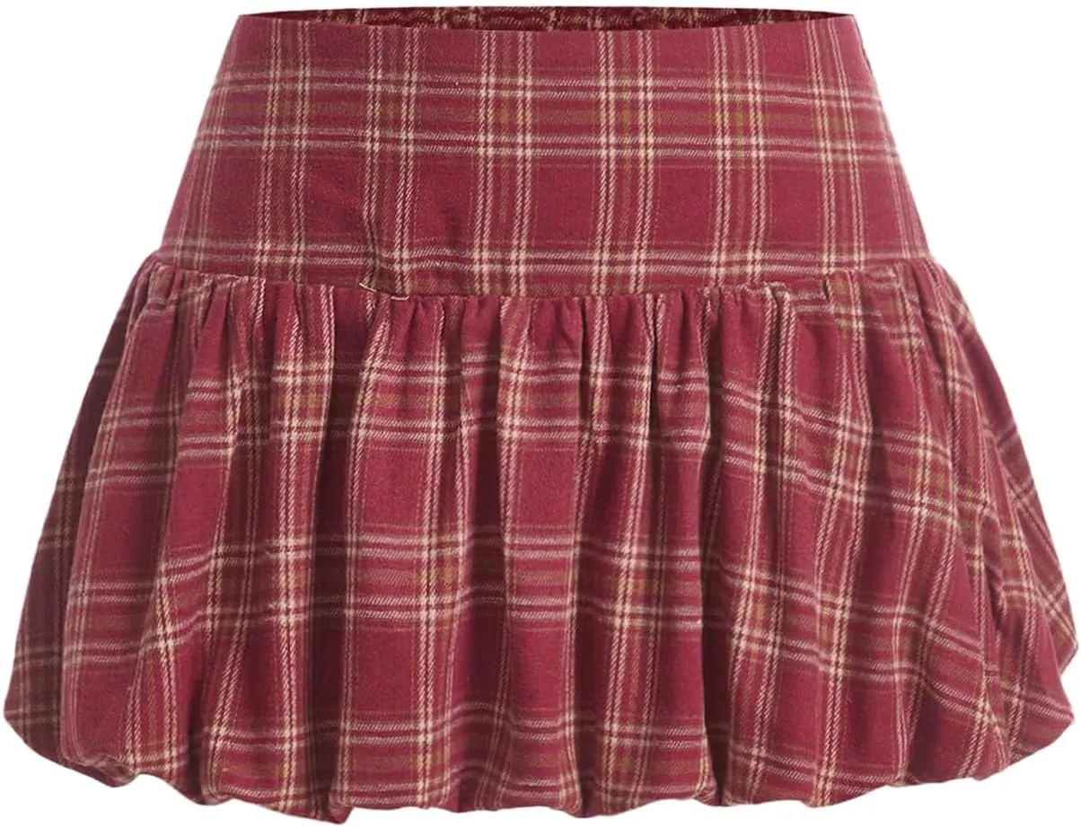 SweatyRocks Women's Plaid Ruffle Mini Bubble Skirt A Line Low Rise Skirts Skort