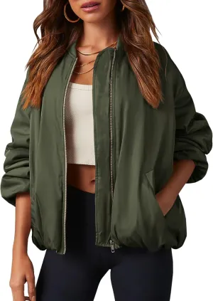 Tankaneo Womens Zip Up Bomber Jacket Oversized Fashion Casual Fully Lined Winter Coats With Pockets