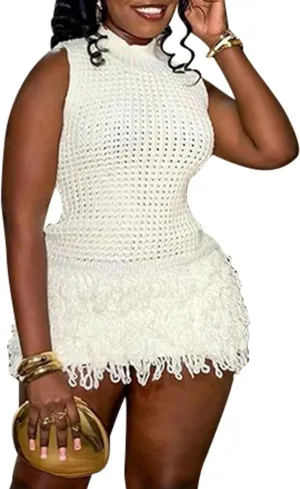 Tcremisa Women's Crochet Fringe Mini Dress Slim Fit Sleeveless Hollow Out Bodycon Short Knit Pullover Dresses