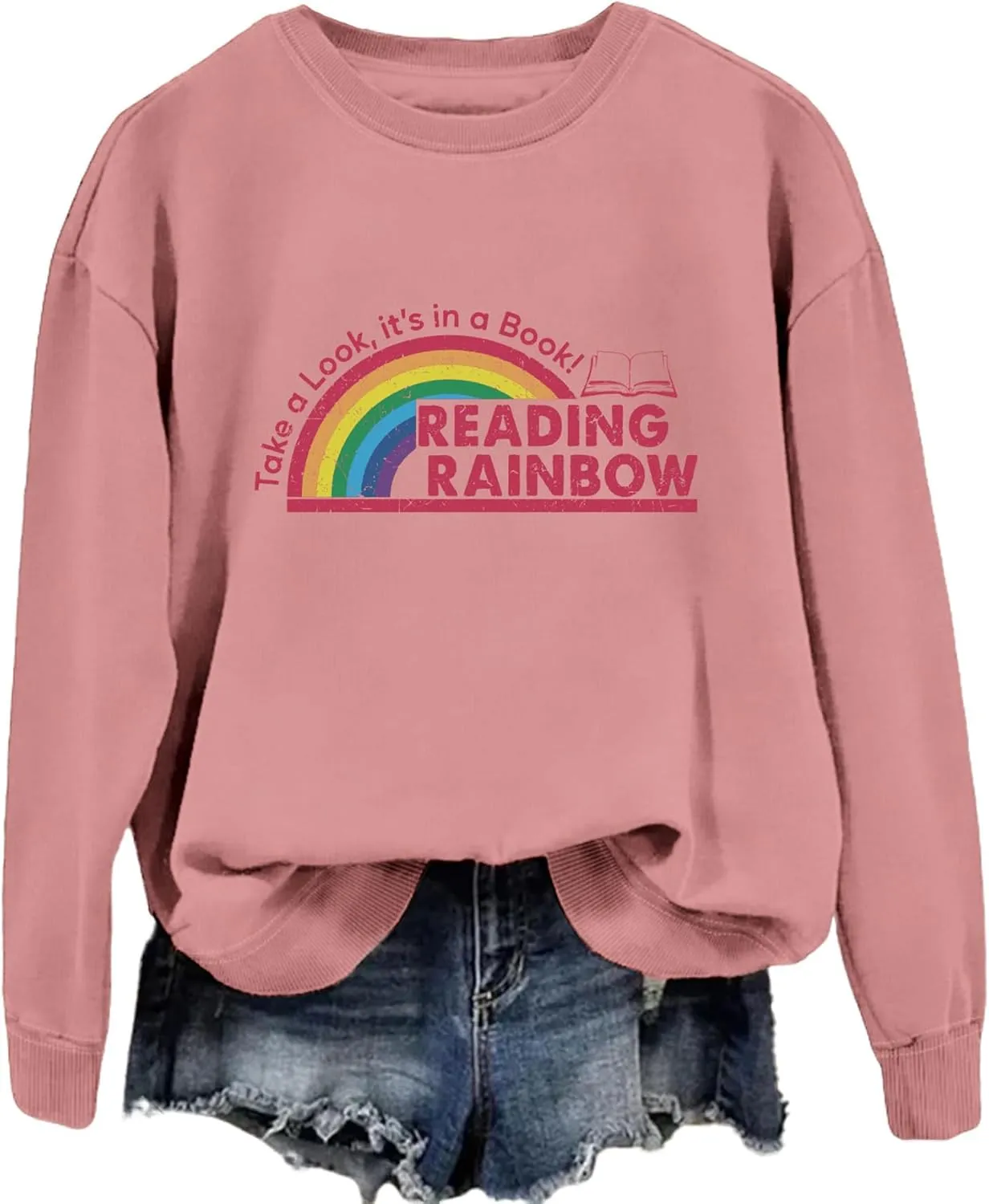 Teacher Sweatshirts for Women Take a Look It's in a Book Lovers Shirt Reading Rainbow Graphic Tees Cute Fall Tops