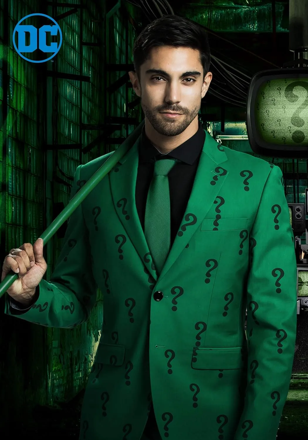 The Riddler Suit Jacket & Tie for Adults | Slim Fit Green Blazer with Question Marks