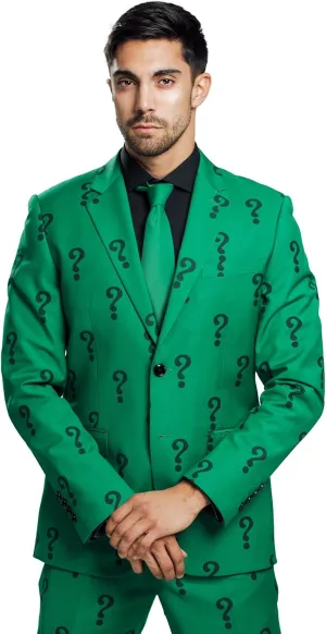 The Riddler Suit Jacket & Tie for Adults | Slim Fit Green Blazer with Question Marks