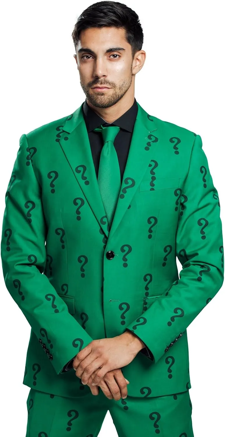 The Riddler Suit Jacket & Tie for Adults | Slim Fit Green Blazer with Question Marks