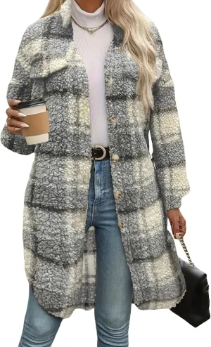 Trench Coat Women Long Flannel Plaid Jacket Shacket Cozy Lapel Button Down Shirt Jackets Fuzzy Peacoat with Pockets