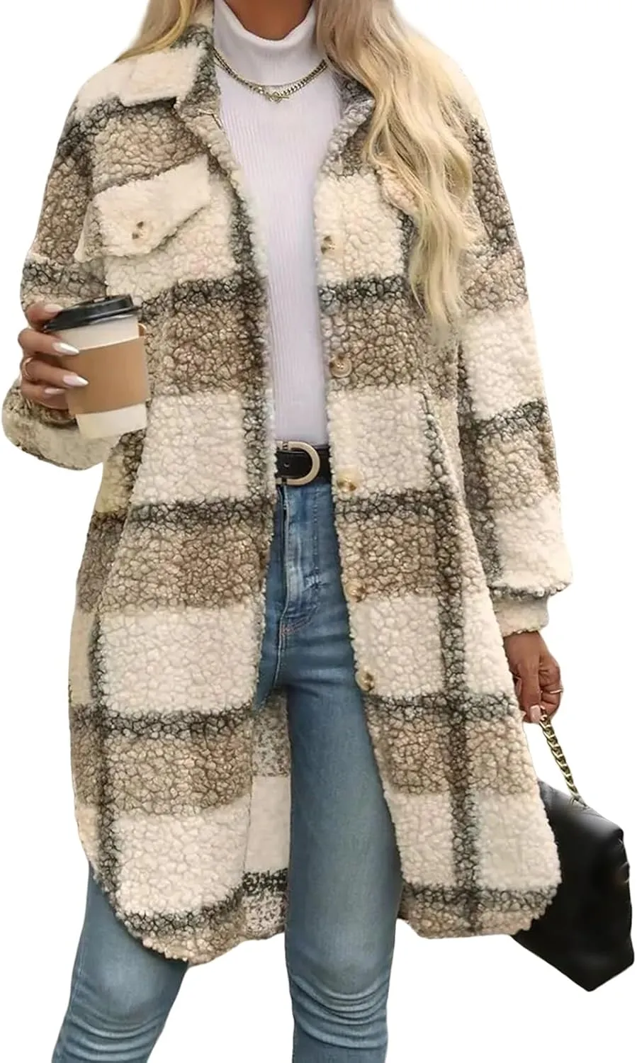 Trench Coat Women Long Flannel Plaid Jacket Shacket Cozy Lapel Button Down Shirt Jackets Fuzzy Peacoat with Pockets
