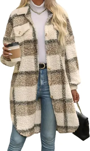 Trench Coat Women Long Flannel Plaid Jacket Shacket Cozy Lapel Button Down Shirt Jackets Fuzzy Peacoat with Pockets