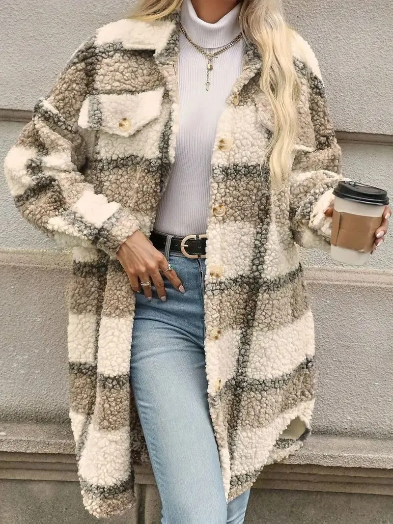 Trench Coat Women Long Flannel Plaid Jacket Shacket Cozy Lapel Button Down Shirt Jackets Fuzzy Peacoat with Pockets