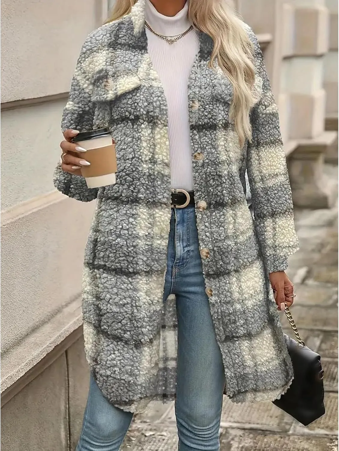 Trench Coat Women Long Flannel Plaid Jacket Shacket Cozy Lapel Button Down Shirt Jackets Fuzzy Peacoat with Pockets