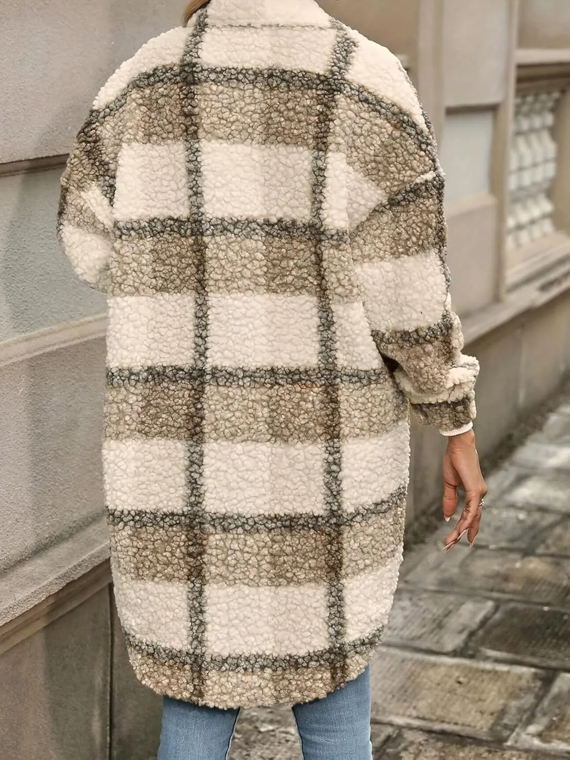 Trench Coat Women Long Flannel Plaid Jacket Shacket Cozy Lapel Button Down Shirt Jackets Fuzzy Peacoat with Pockets