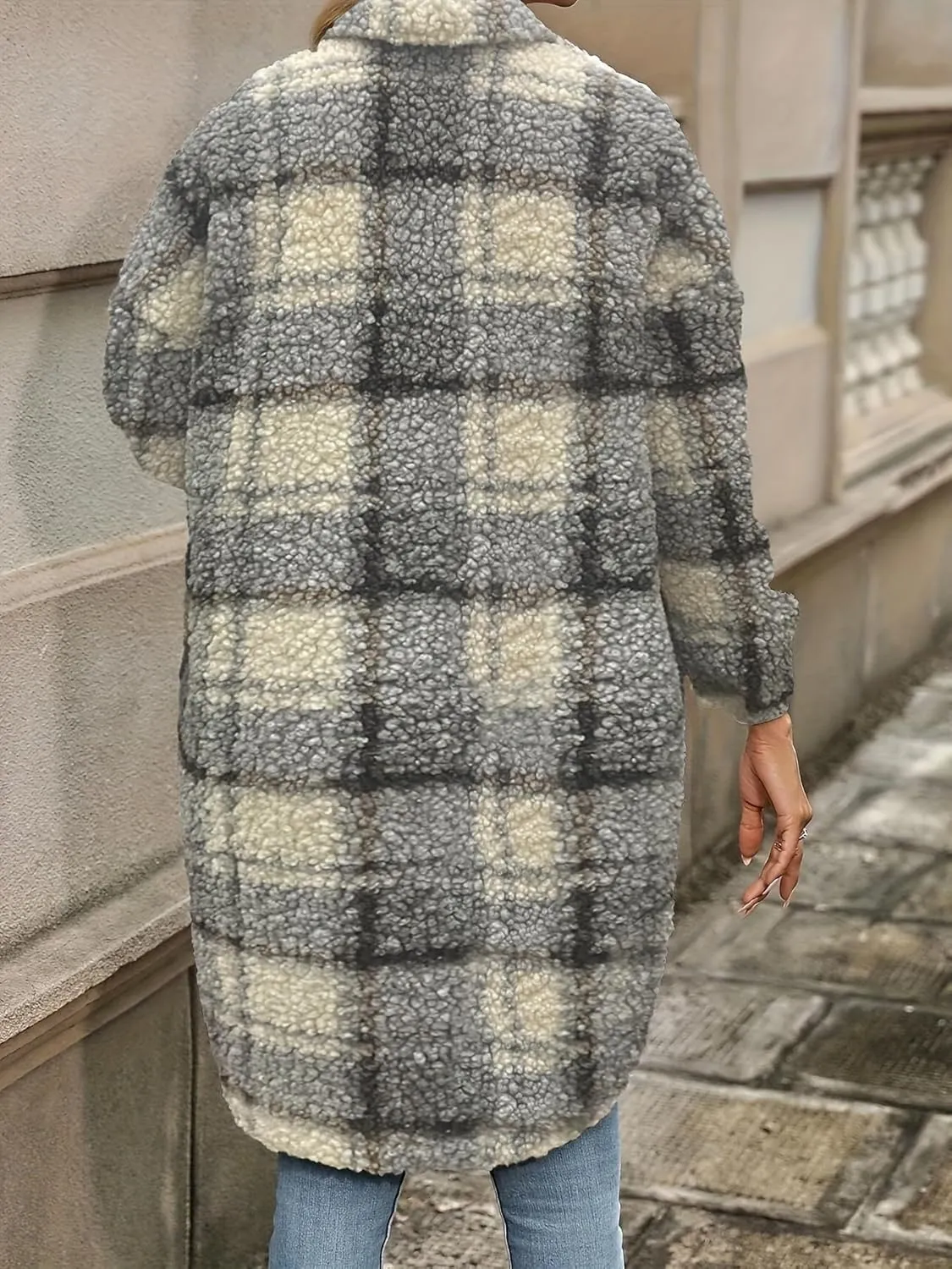 Trench Coat Women Long Flannel Plaid Jacket Shacket Cozy Lapel Button Down Shirt Jackets Fuzzy Peacoat with Pockets