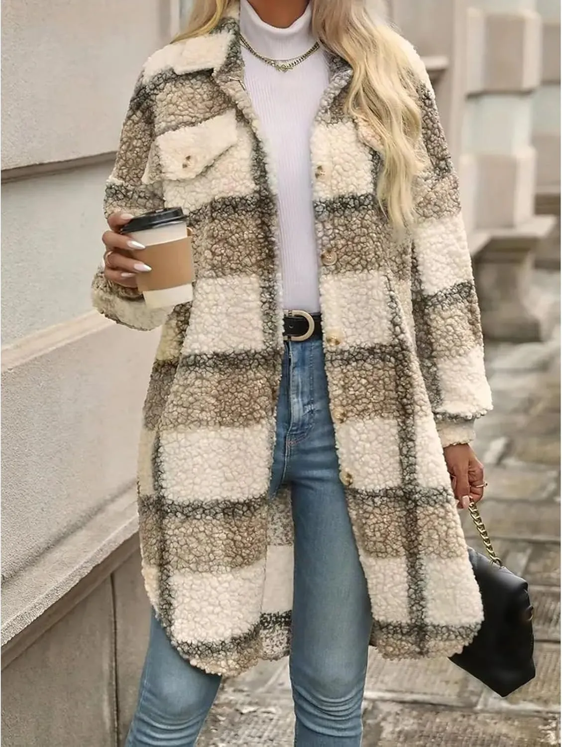 Trench Coat Women Long Flannel Plaid Jacket Shacket Cozy Lapel Button Down Shirt Jackets Fuzzy Peacoat with Pockets