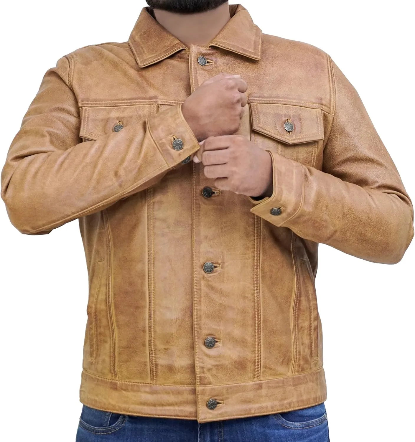 Trucker Style Casual Vintage Leather Jacket Men - Classic Button Down Real Lambskin Jackets For Mens With Pockets