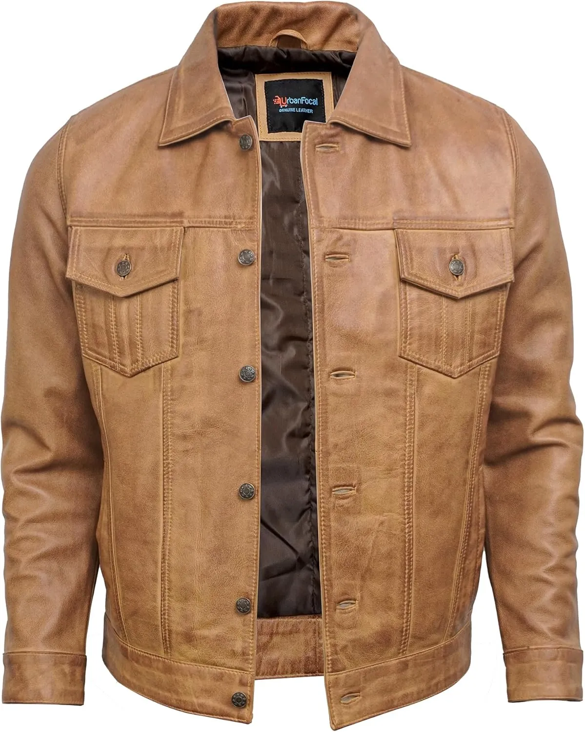 Trucker Style Casual Vintage Leather Jacket Men - Classic Button Down Real Lambskin Jackets For Mens With Pockets