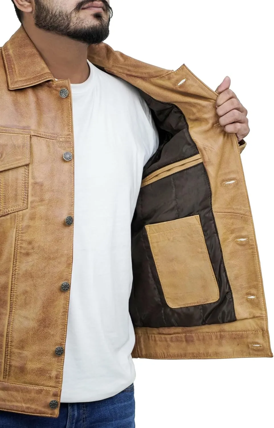 Trucker Style Casual Vintage Leather Jacket Men - Classic Button Down Real Lambskin Jackets For Mens With Pockets