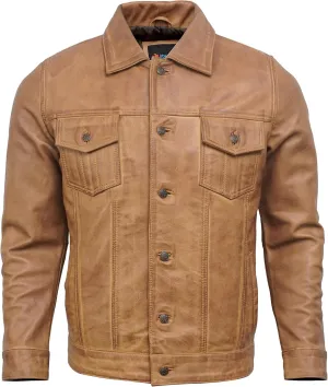 Trucker Style Casual Vintage Leather Jacket Men - Classic Button Down Real Lambskin Jackets For Mens With Pockets