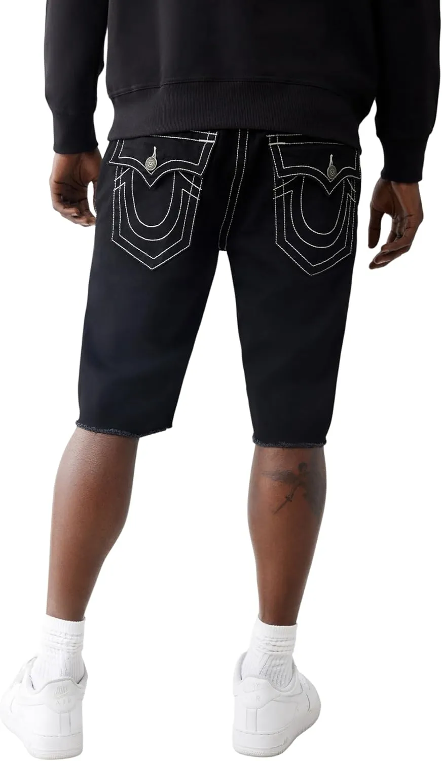 True Religion Men's Ricky SN Flap Black Short Fray Hem | Black Denim Shorts with Frayed Hem