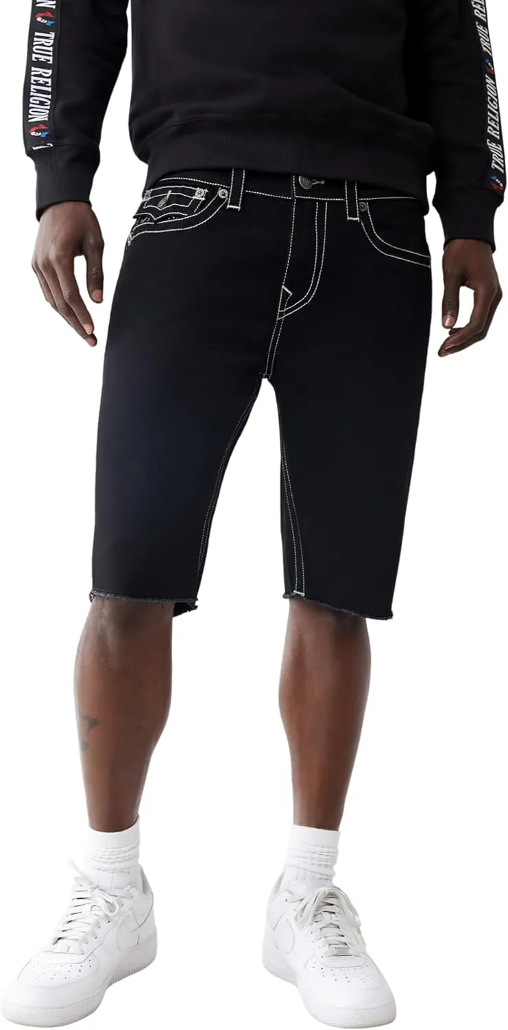 True Religion Men's Ricky SN Flap Black Short Fray Hem | Black Denim Shorts with Frayed Hem