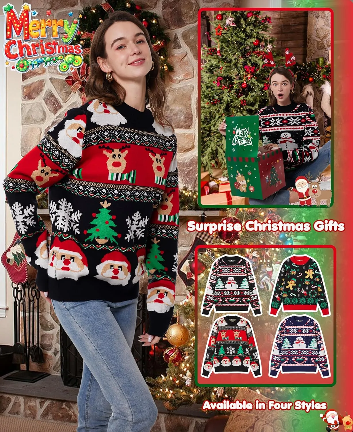 Unisex Ugly Christmas Sweaters Adult Long Sleeve Crewneck Sweaters Funny Top Pullover Xmas Party Family Gatherings
