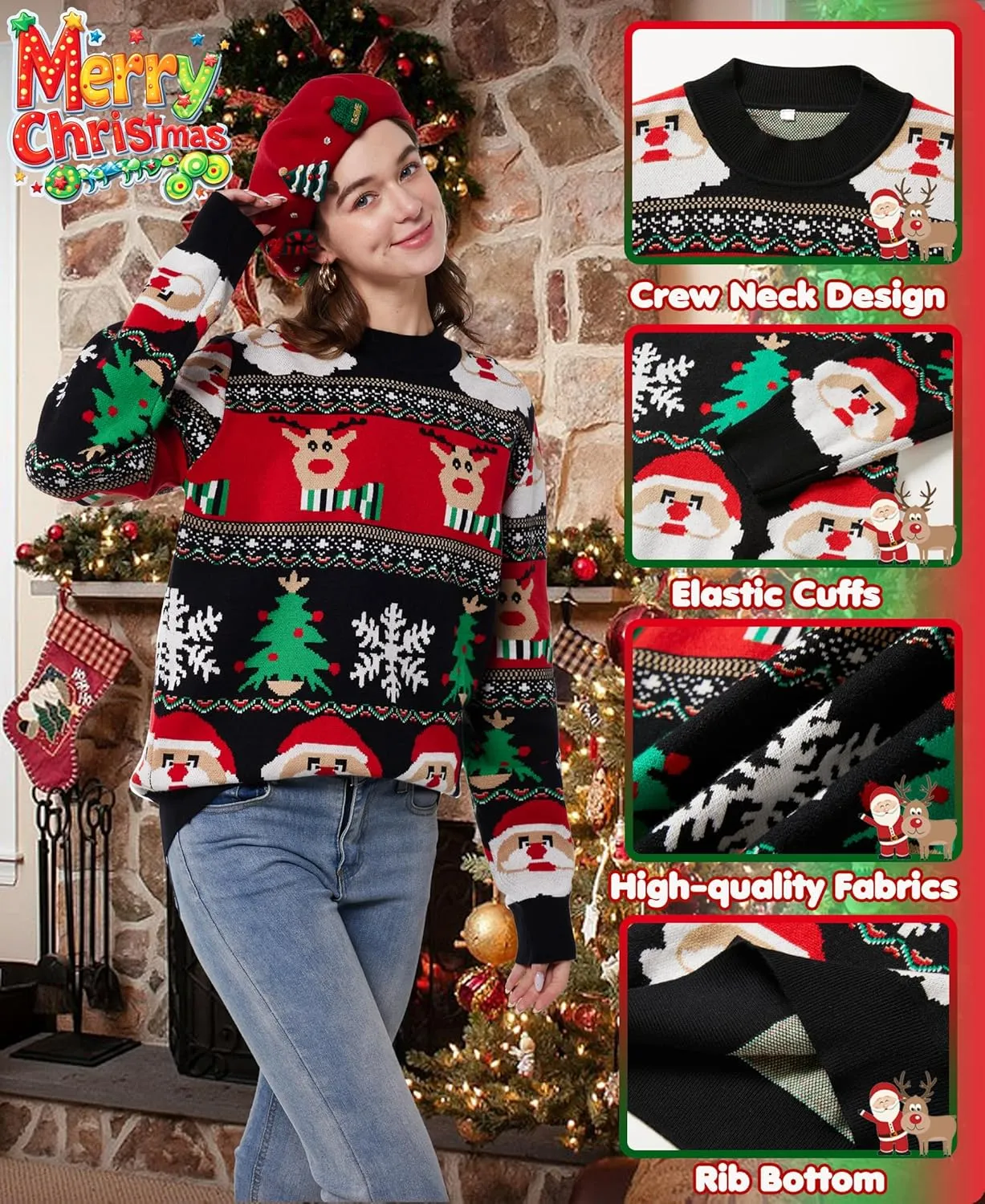 Unisex Ugly Christmas Sweaters Adult Long Sleeve Crewneck Sweaters Funny Top Pullover Xmas Party Family Gatherings