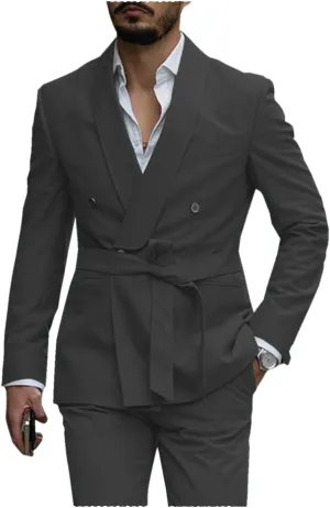 Uohzus Men's 2 Pieces Suit with Belt Casual Fashion Slim Linen Jacket and Pants