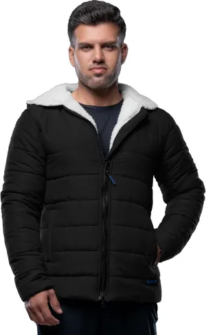 URBAN BUCK Mens Puffer Jacket Midweight Sherpa Lined Winter Recycled Down Wilfred Black Windproof and Water Repellent Men Hiking Coat (L)