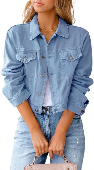 utcoco Women's Cropped Jean Jacket Long Sleeve Casual Button Down Denim Jacket