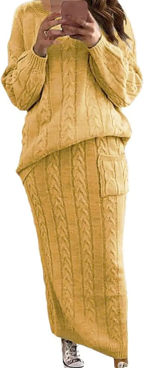 utcoco Womens Sweater Sets Winter Chunky Cable Knit 2 Piece Outfits Sweater Skirt Set