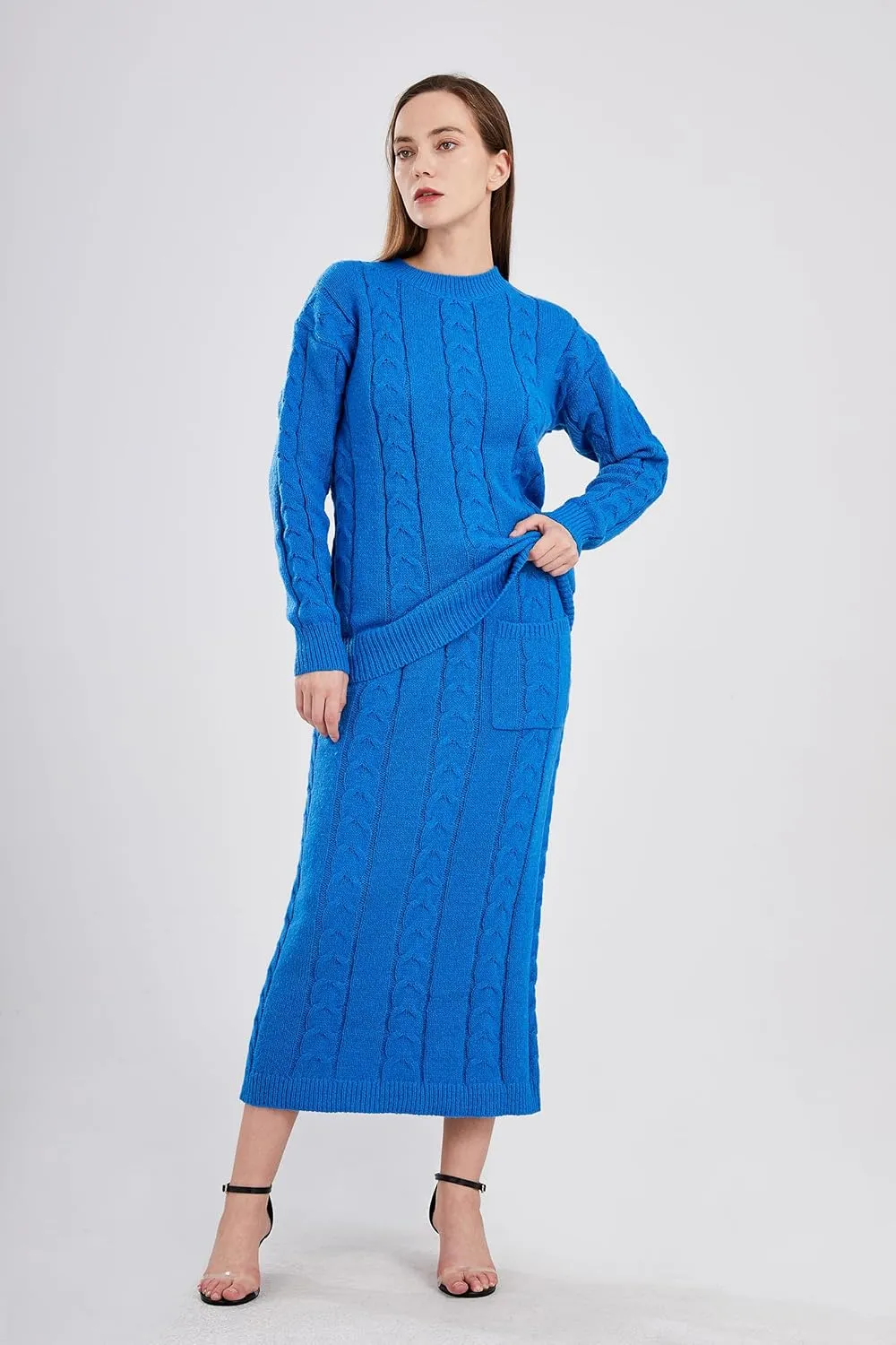utcoco Womens Sweater Sets Winter Chunky Cable Knit 2 Piece Outfits Sweater Skirt Set