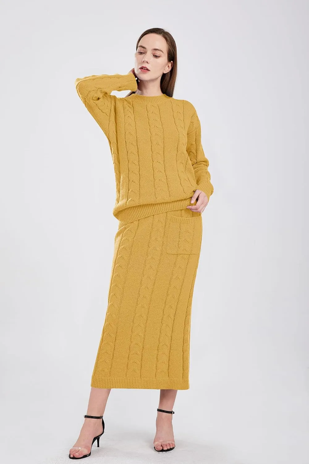 utcoco Womens Sweater Sets Winter Chunky Cable Knit 2 Piece Outfits Sweater Skirt Set