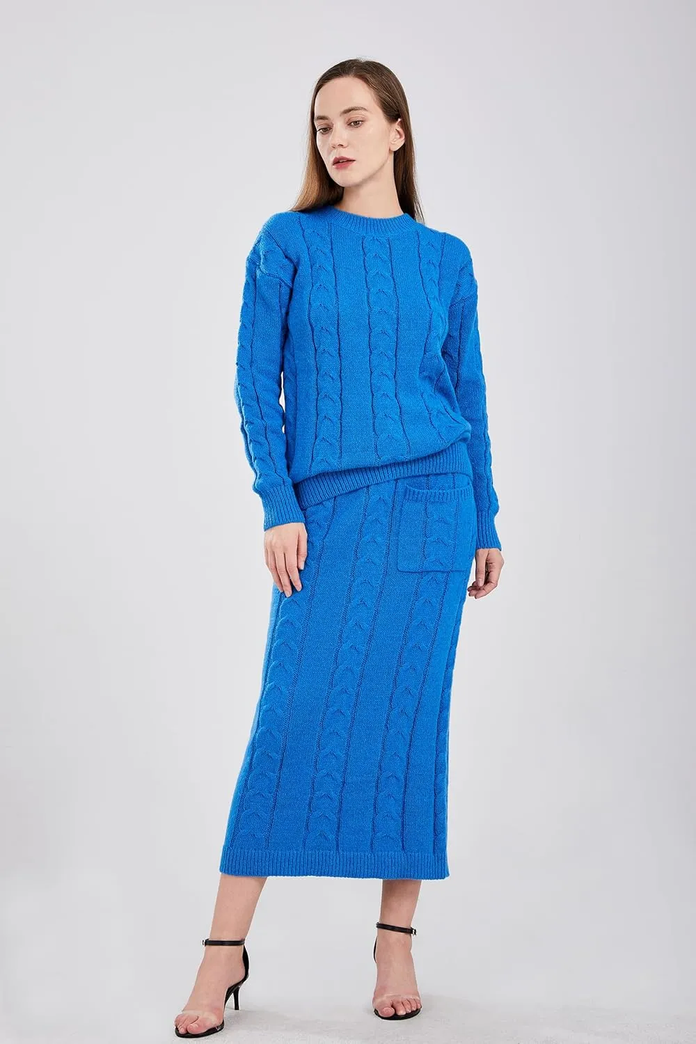 utcoco Womens Sweater Sets Winter Chunky Cable Knit 2 Piece Outfits Sweater Skirt Set