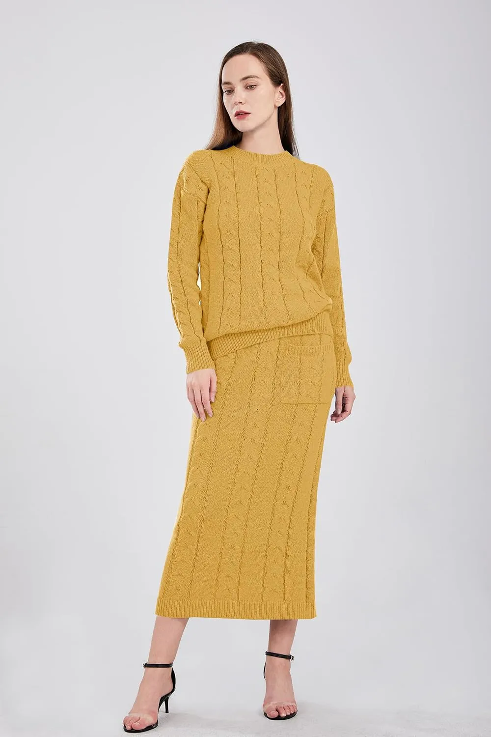 utcoco Womens Sweater Sets Winter Chunky Cable Knit 2 Piece Outfits Sweater Skirt Set