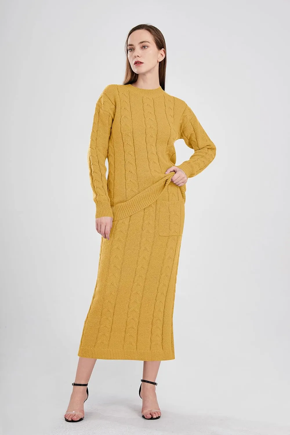 utcoco Womens Sweater Sets Winter Chunky Cable Knit 2 Piece Outfits Sweater Skirt Set