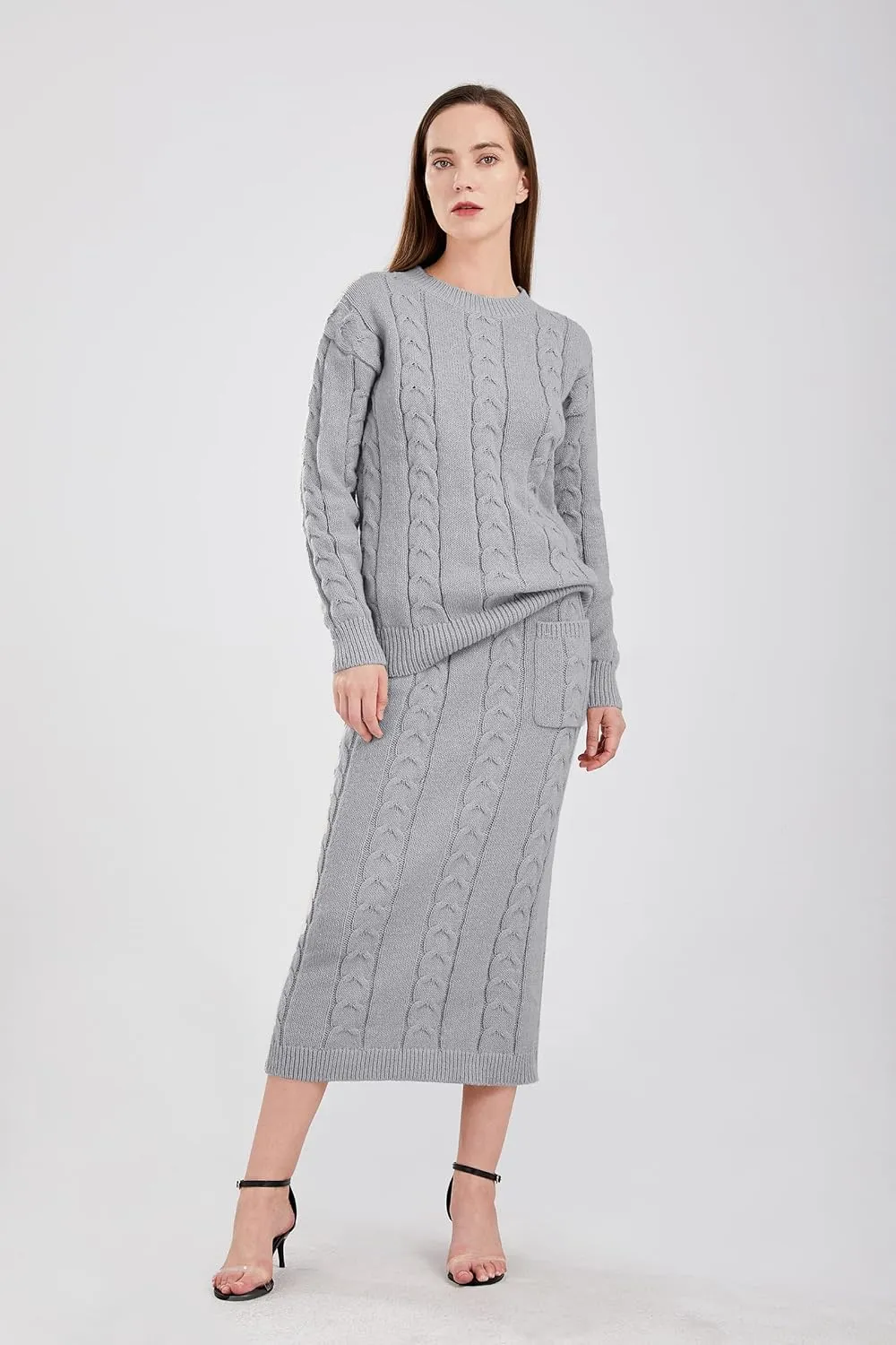 utcoco Womens Sweater Sets Winter Chunky Cable Knit 2 Piece Outfits Sweater Skirt Set
