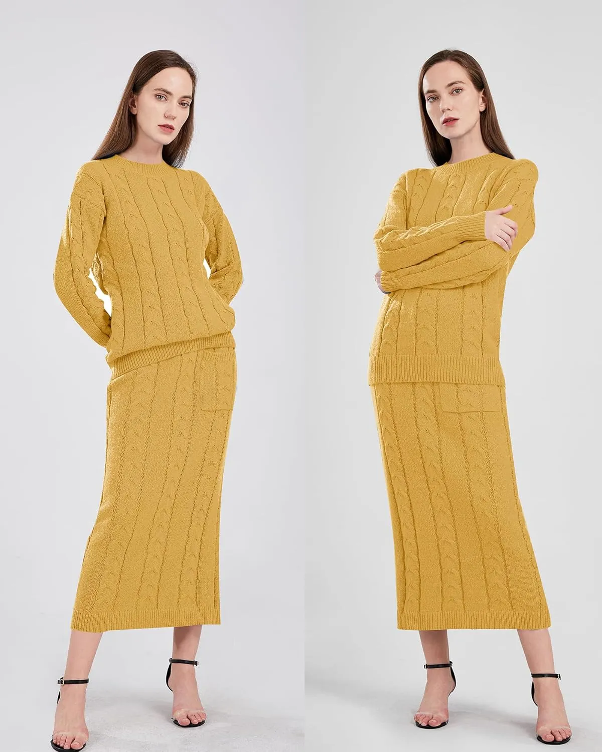 utcoco Womens Sweater Sets Winter Chunky Cable Knit 2 Piece Outfits Sweater Skirt Set