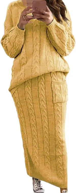 utcoco Womens Sweater Sets Winter Chunky Cable Knit 2 Piece Outfits Sweater Skirt Set