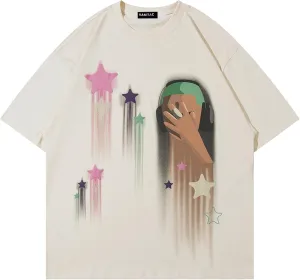 Vamtac Mens Graffiti Star Print Tee Oversized Y2k Graphic T Shirt Cause Soft Vintage Tops Trendy Outfits