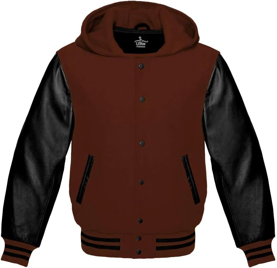 Varsity Hoodie Jacket for Baseball Letterman Bomber School of Premium Wool and Genuine Black Leather Sleeves