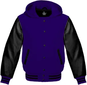 Varsity Hoodie Jacket for Baseball Letterman Bomber School of Premium Wool and Genuine Black Leather Sleeves