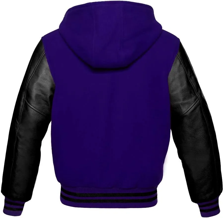 Varsity Hoodie Jacket for Baseball Letterman Bomber School of Premium Wool and Genuine Black Leather Sleeves