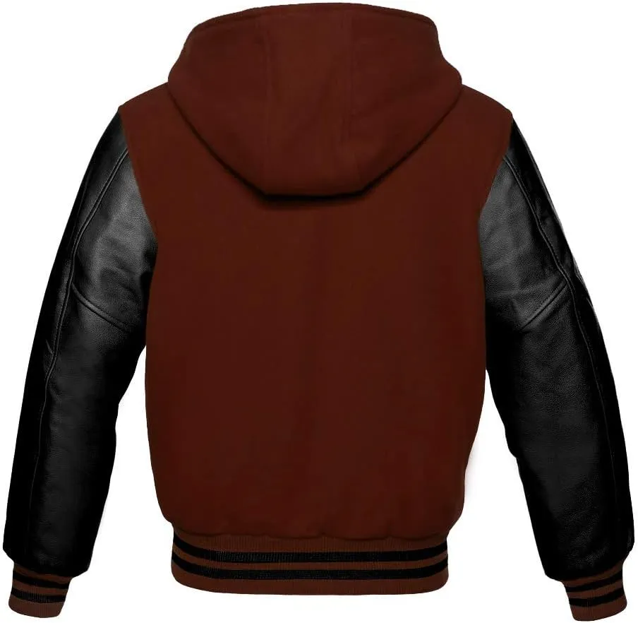 Varsity Hoodie Jacket for Baseball Letterman Bomber School of Premium Wool and Genuine Black Leather Sleeves